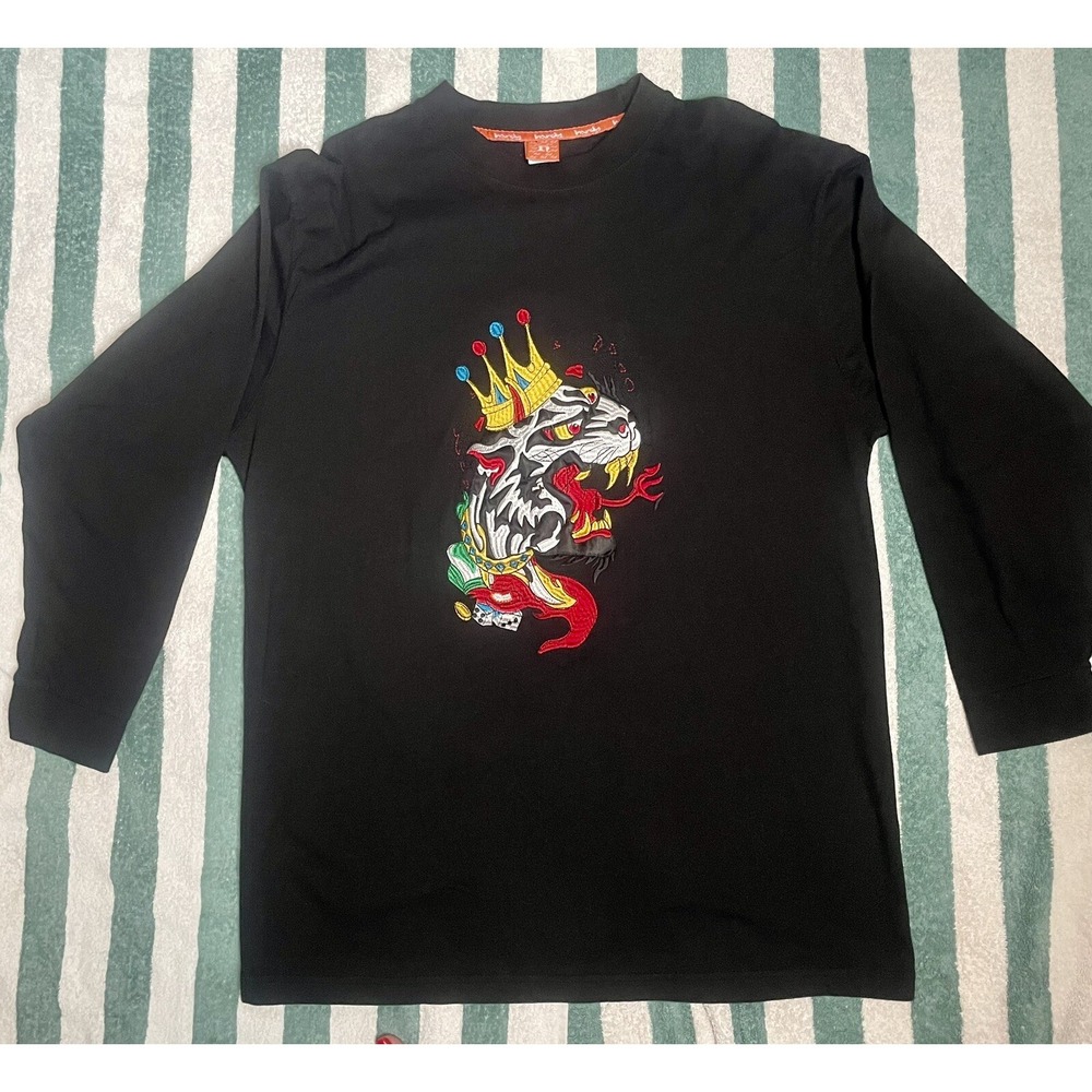 Y2K ed hardy embroidered tiger king dice long sleeve Shirt Black XXL